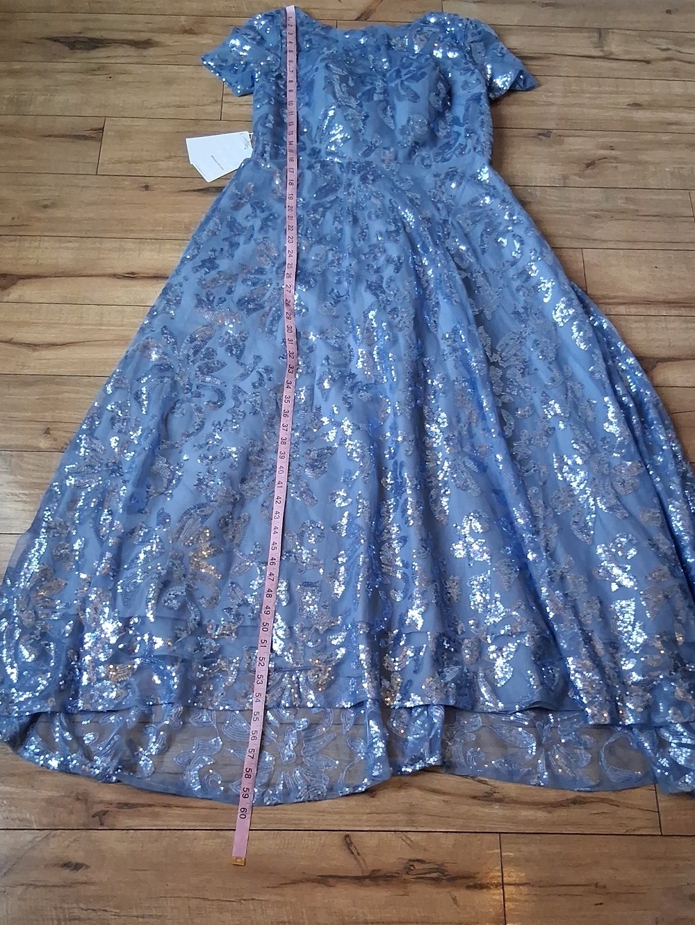 New Women's Dusty Blue Sequin Lace Evening Formal High Low Dress Size 14 - Picture 13 of 16